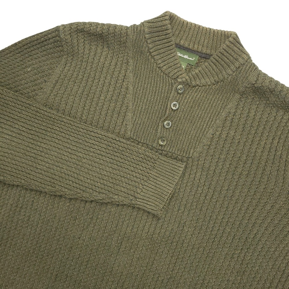 Eddie Bauer Sweater Mens 2XLT Green 100% Cotton Mock Neck Henley Knit Pullover